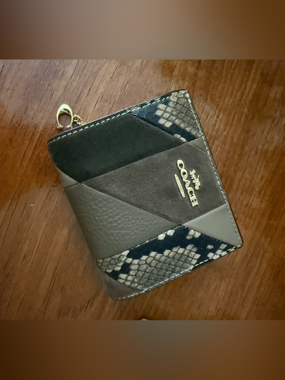 Coach Patchwork Black and Gray Zip Wallet with Snake-Print Accents